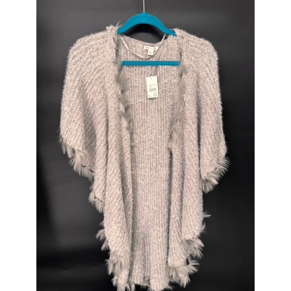 Cato Wrap Womens 14/16 Gray NWT Faux Fur Trim Eyelash Knit Open Front Cape Shrug